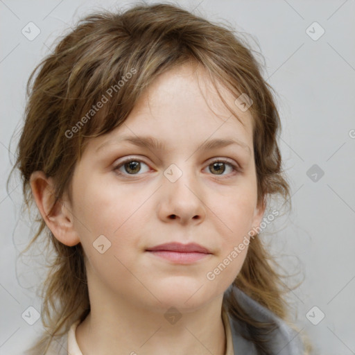 Neutral white child female with medium  brown hair and grey eyes