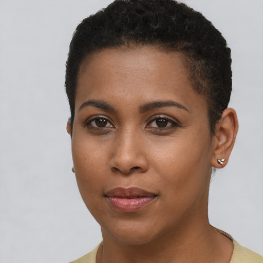 Neutral black young-adult female with short  brown hair and brown eyes