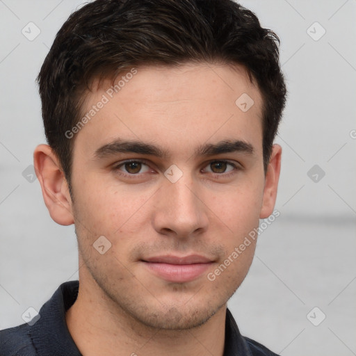 Neutral white young-adult male with short  brown hair and brown eyes