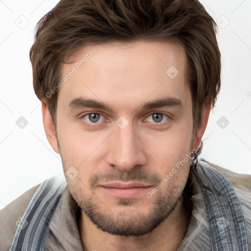 Neutral white young-adult male with short  brown hair and brown eyes