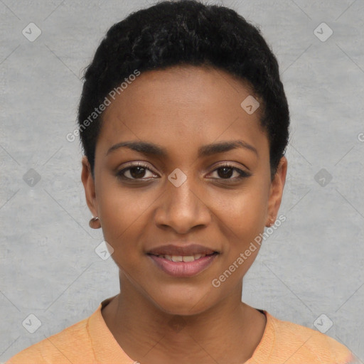 Joyful black young-adult female with short  black hair and brown eyes
