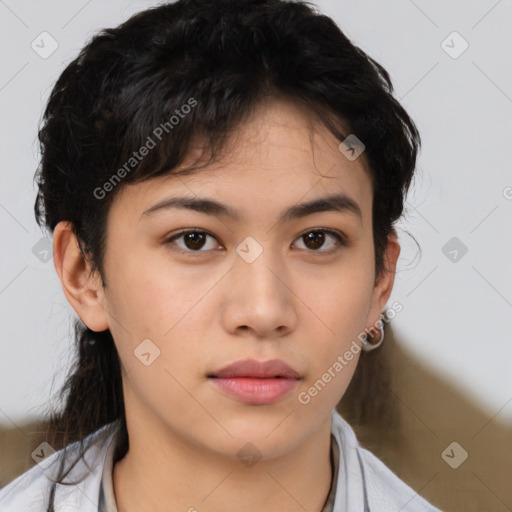 Neutral asian young-adult female with medium  brown hair and brown eyes