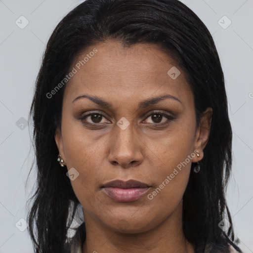 Joyful asian young-adult female with long  brown hair and brown eyes