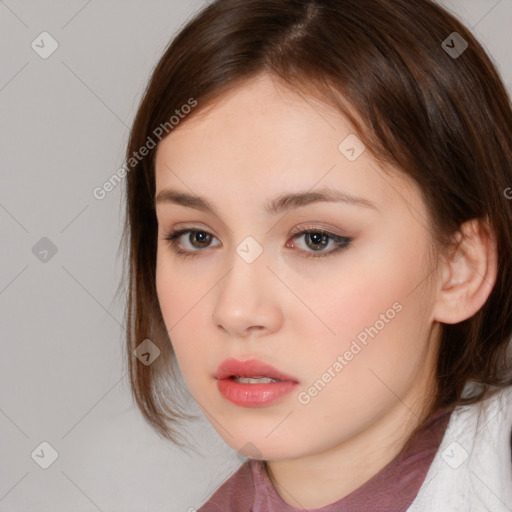 Neutral white young-adult female with medium  brown hair and brown eyes