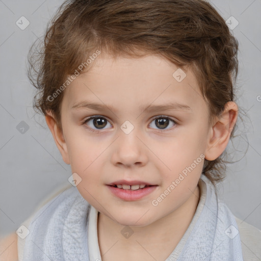 Joyful white child female with medium  brown hair and brown eyes