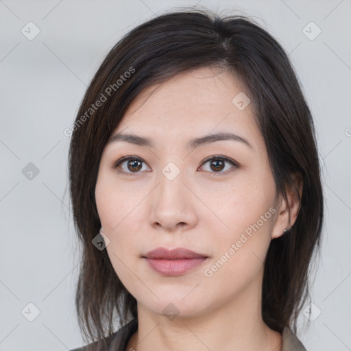 Neutral white young-adult female with medium  brown hair and brown eyes