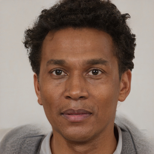 Neutral black adult male with short  brown hair and brown eyes