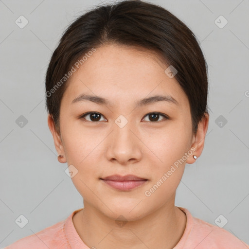 Neutral asian young-adult female with short  brown hair and brown eyes