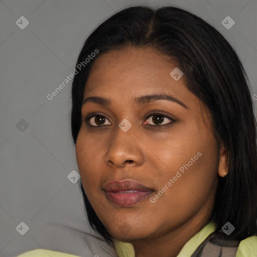 Joyful asian young-adult female with medium  black hair and brown eyes