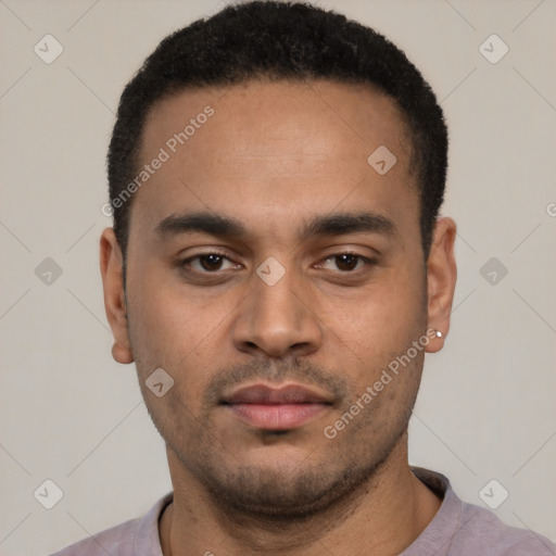 Neutral latino young-adult male with short  black hair and brown eyes