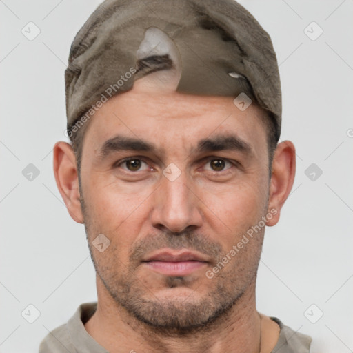 Neutral white adult male with short  brown hair and brown eyes