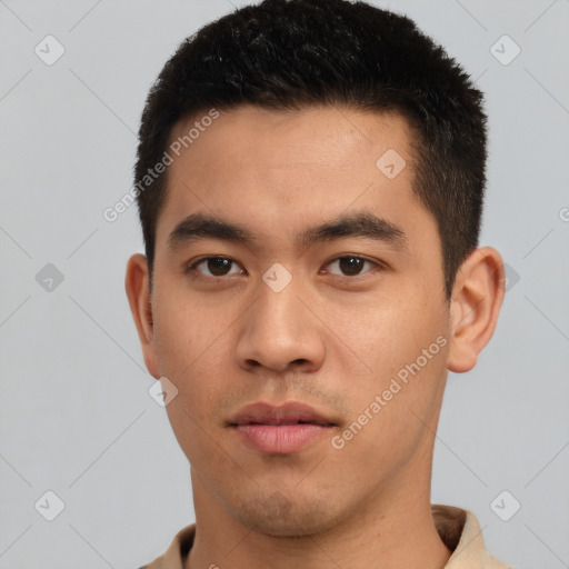 Neutral asian young-adult male with short  brown hair and brown eyes