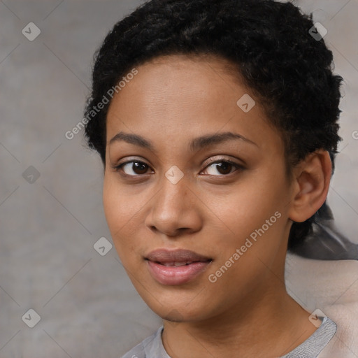 Joyful latino young-adult female with short  black hair and brown eyes