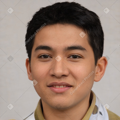 Joyful asian young-adult male with short  black hair and brown eyes