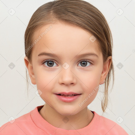 Joyful white child female with medium  brown hair and brown eyes