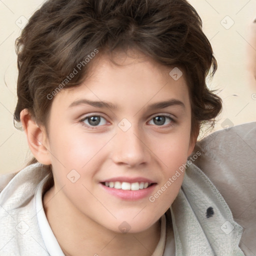 Joyful white child female with short  brown hair and brown eyes