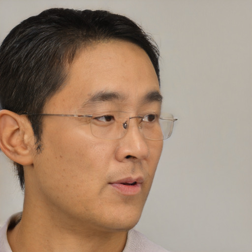 Neutral asian adult male with short  brown hair and brown eyes