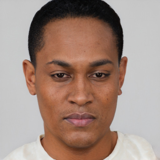 Joyful black young-adult male with short  black hair and brown eyes