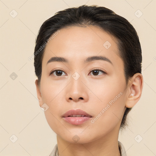 Neutral asian young-adult female with medium  brown hair and brown eyes