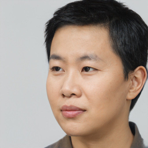 Neutral asian young-adult male with short  black hair and brown eyes