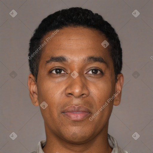 Neutral latino young-adult male with short  black hair and brown eyes