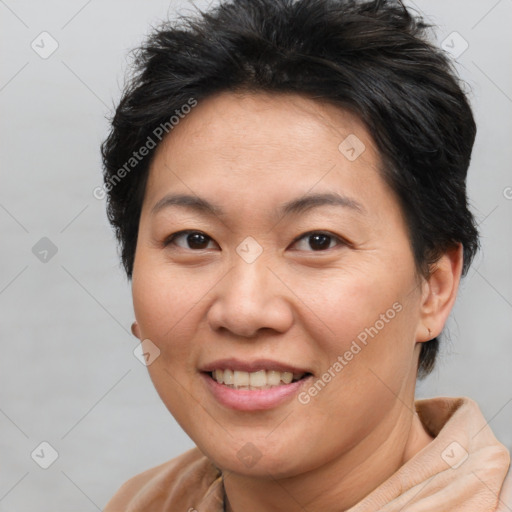 Joyful white adult female with short  brown hair and brown eyes