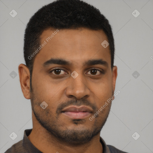 Neutral black young-adult male with short  black hair and brown eyes