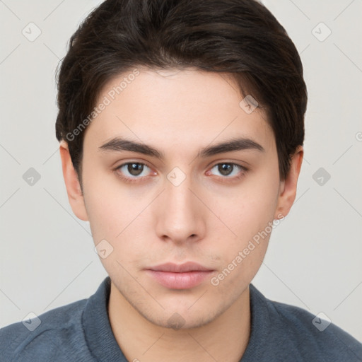 Neutral white young-adult male with short  brown hair and brown eyes