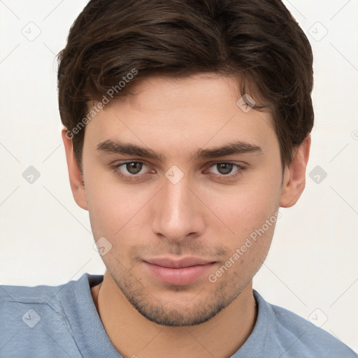 Neutral white young-adult male with short  brown hair and brown eyes