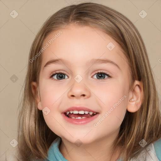 Joyful white child female with medium  brown hair and brown eyes