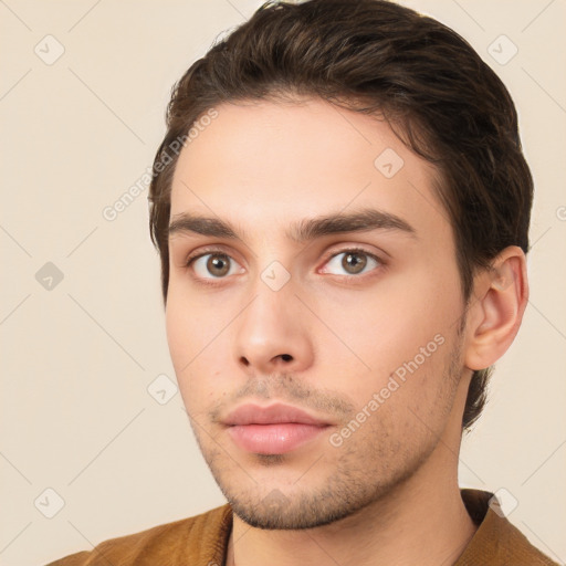 Neutral white young-adult male with short  brown hair and brown eyes