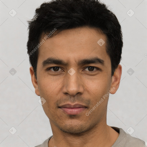 Neutral asian young-adult male with short  black hair and brown eyes