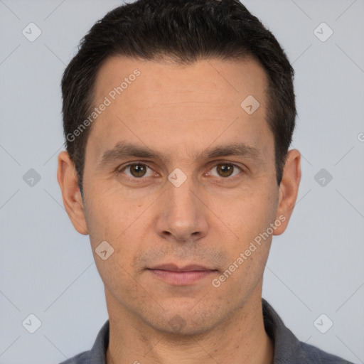 Neutral white adult male with short  brown hair and brown eyes