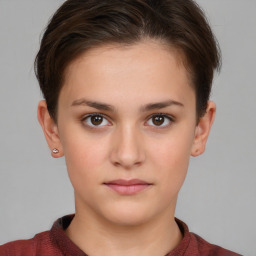 Neutral white young-adult female with short  brown hair and brown eyes