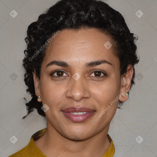 Joyful latino young-adult female with short  black hair and brown eyes