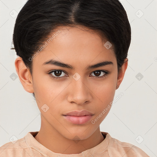 Neutral white young-adult female with short  brown hair and brown eyes