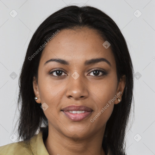 Joyful latino young-adult female with long  brown hair and brown eyes