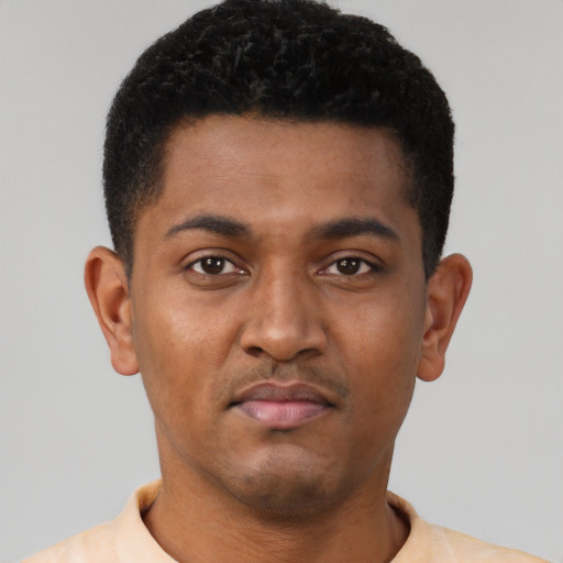Neutral black young-adult male with short  black hair and brown eyes