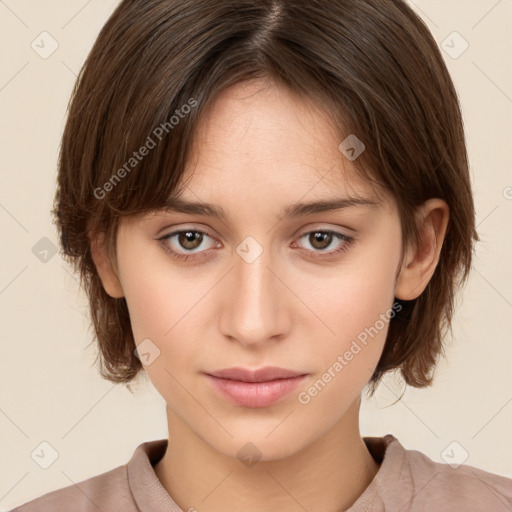 Neutral white young-adult female with medium  brown hair and brown eyes