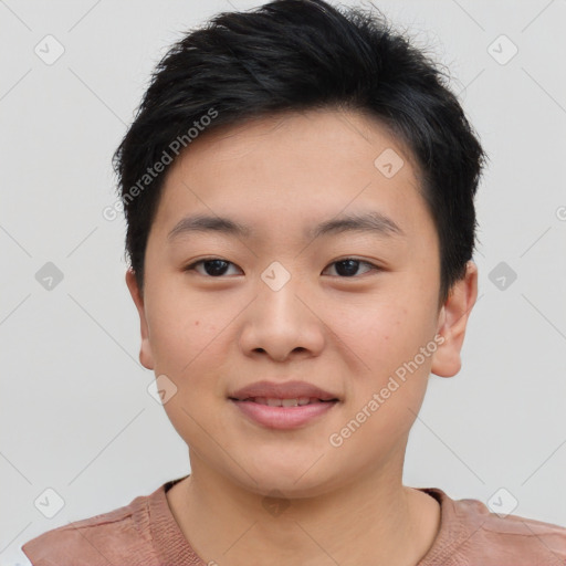 Joyful asian young-adult male with short  black hair and brown eyes