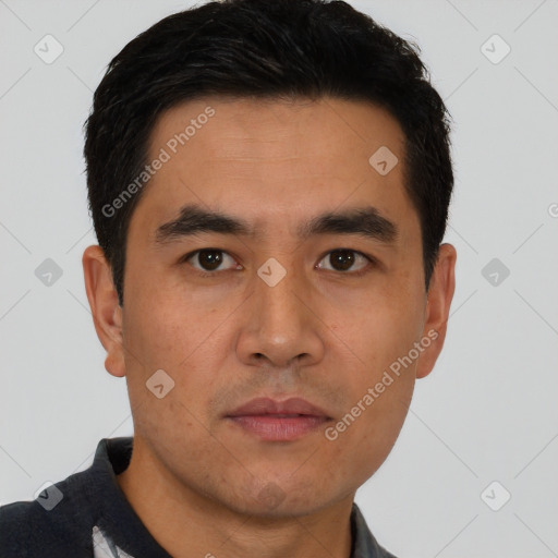 Neutral asian young-adult male with short  black hair and brown eyes