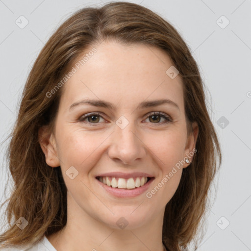 Joyful white young-adult female with medium  brown hair and green eyes