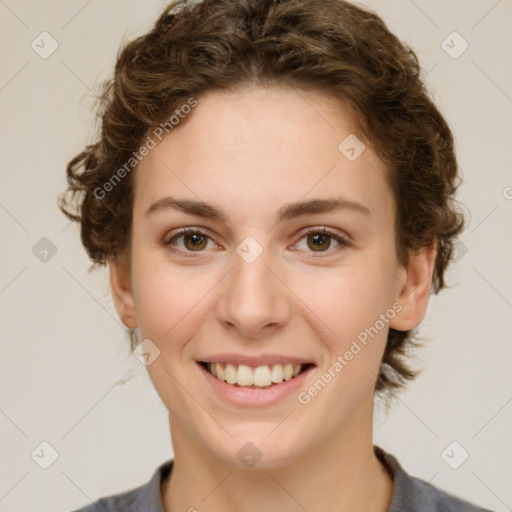 Joyful white young-adult female with medium  brown hair and green eyes