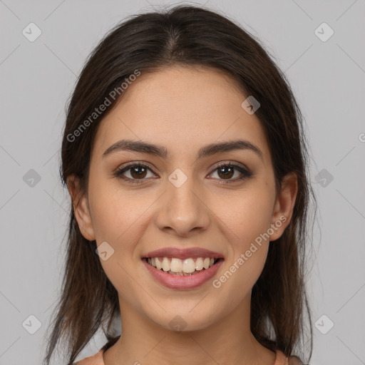 Joyful white young-adult female with medium  brown hair and brown eyes