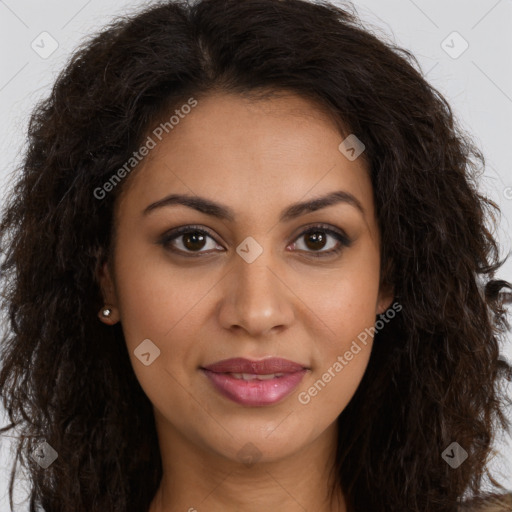 Joyful latino young-adult female with long  brown hair and brown eyes