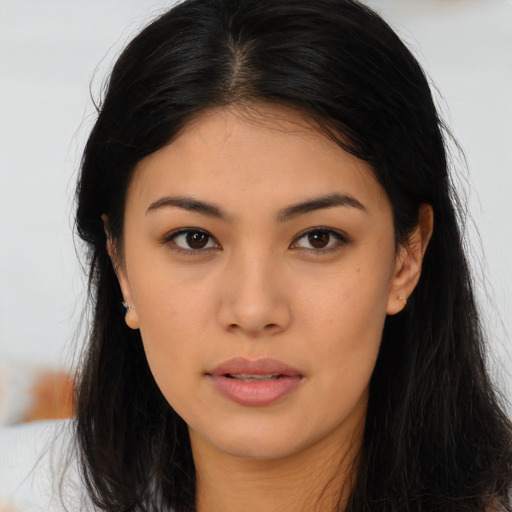 Neutral asian young-adult female with long  brown hair and brown eyes