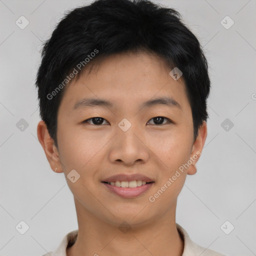 Joyful asian young-adult male with short  brown hair and brown eyes