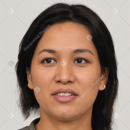 Joyful asian young-adult female with medium  brown hair and brown eyes