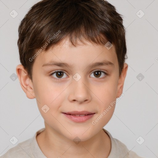 Joyful white child male with short  brown hair and brown eyes