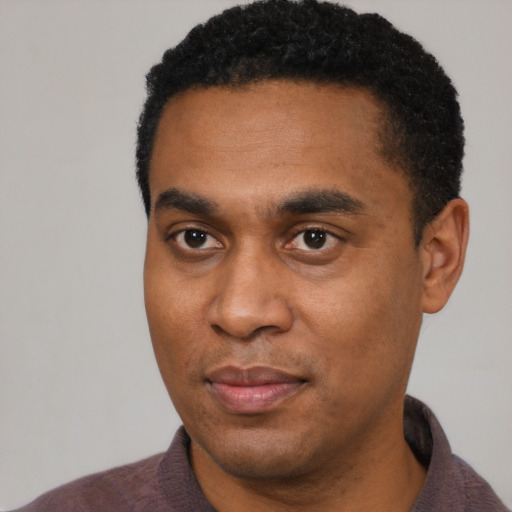 Joyful black young-adult male with short  black hair and brown eyes